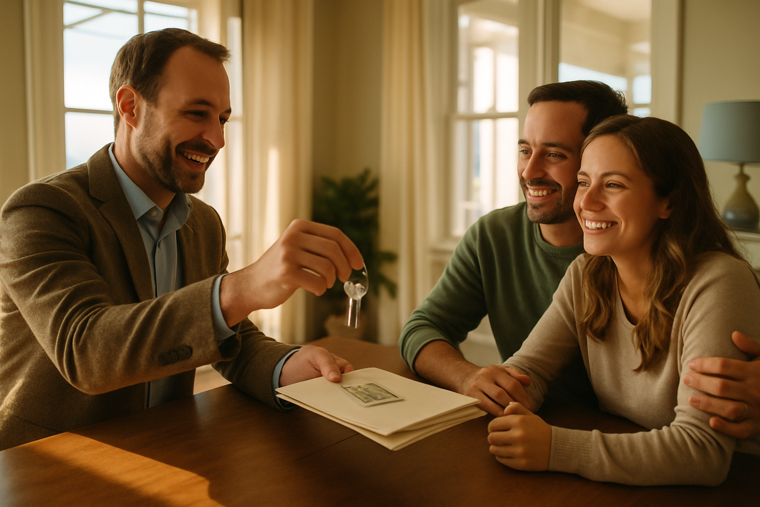 Handing house keys and a cash offer to relieved homeowners